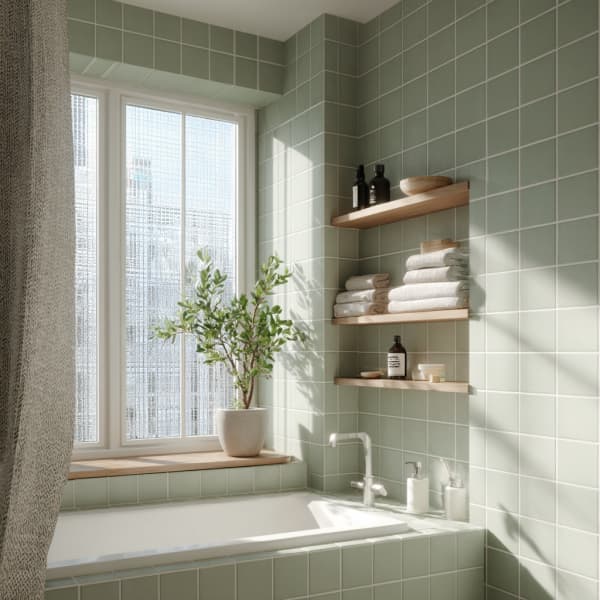 Das Bild zeigt eine moderne Badezimmergestaltung mit Dekorfolie als Fensterfolie