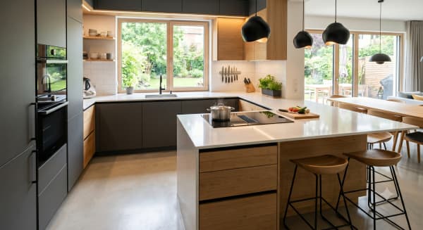 Moderne G-Küche mit Kochinsel, Holzfronten und großen Fenstern