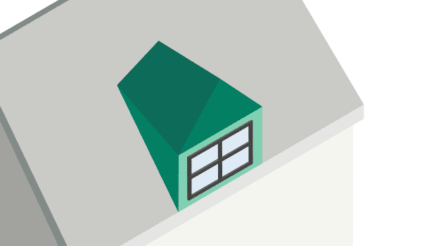 Die Grafik zeigt eine Walmgaube mit Fenster.