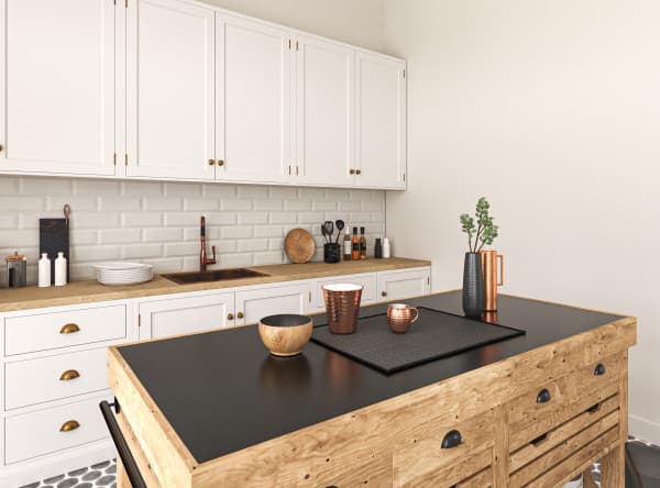 Holzkochinsel rustikal zu moderner weißer Landhausküche