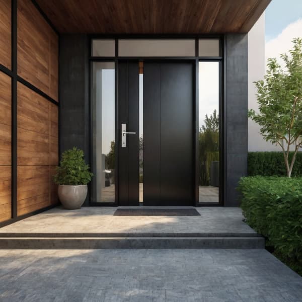 elegante Stahltür in Anthrazit mit klaren Linien und großen Glaspaneelen