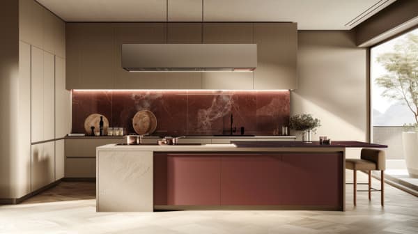 Küchentrends: Luxusküche in Burgunder mit Marmor & Taupe