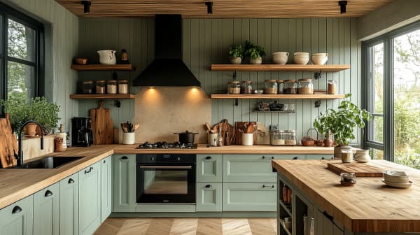 Küchentrends: Landhausküche in Salbeigrün mit Holzarbeitsplatte
