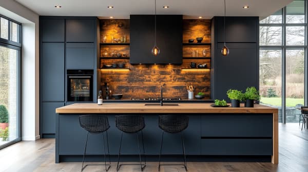 Velvet Touch: Moderne Küche in Nachtblau mit Altholz-Akzenten