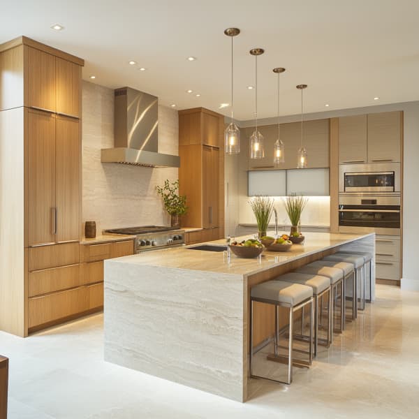 moderne Küche, die Naturstein und Holz harmonisch kombiniert