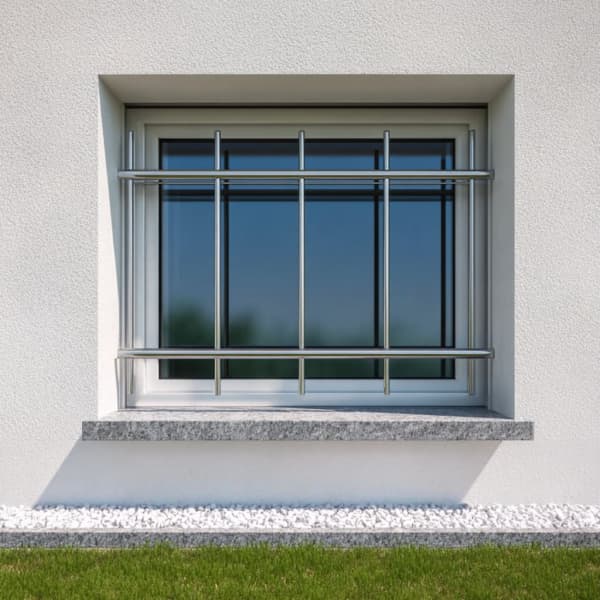 Modernes Kellerfenster mit Edelstahl-Gitter und Granitfensterbank