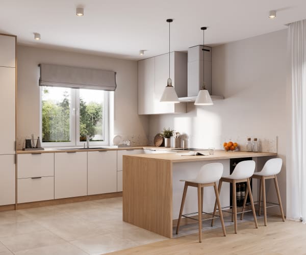 Moderne helle Küche mit Kücheninsel, Hängelampen & Fensterbank