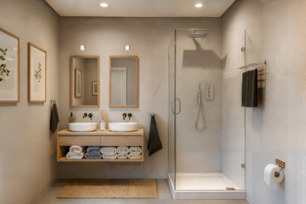 Minimalistisches Bad mit Doppelwaschbecken und Dusche