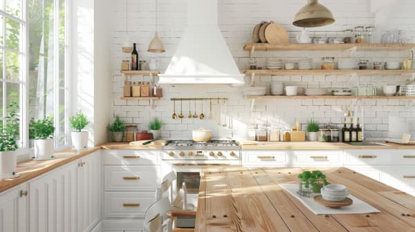 Helle Landhausküche mit Holzelementen und weißen Fronten