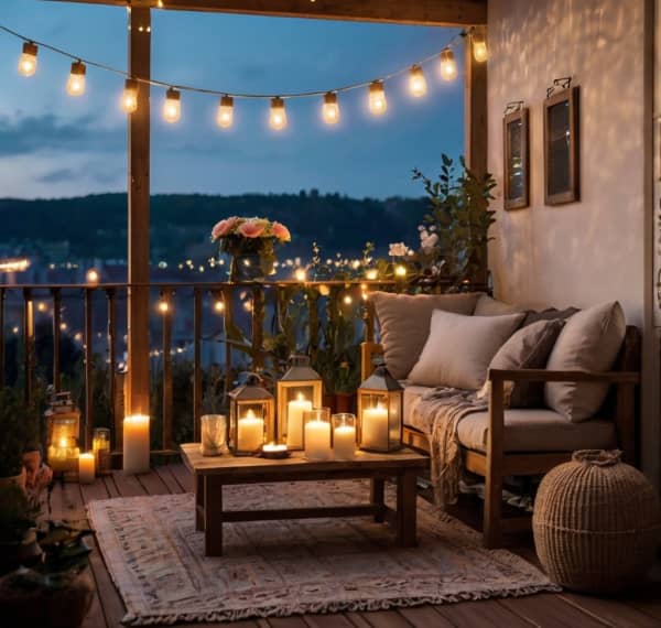 Romantischer Balkon bei Kerzenschein und Lichterketten