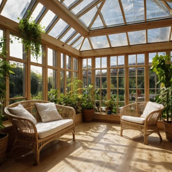 Holz-Alu-Wintergarten mit großem Glasdach in traditioneller Optik.