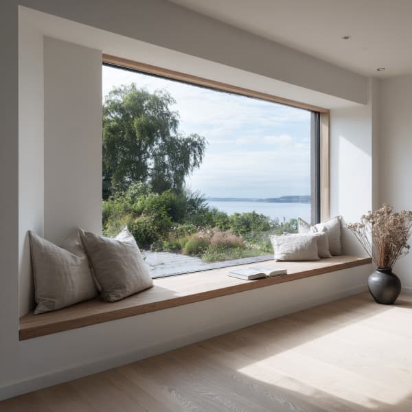 Großes Panoramafenster mit Sitzbank und Ausblick ins Grüne