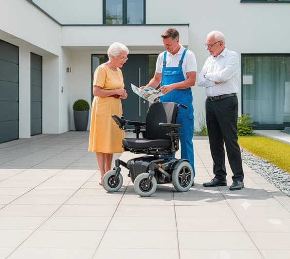 Vor einem modernen Hauseingang stehen eine ältere Frau, ein Mann in blauen Arbeitslatzhosen und ein weiterer Mann in Hemd zusammen. Zwischen ihnen befindet sich ein schwarzer Elektrorollstuhl; der Mann in Arbeitskleidung hält eine Broschüre und erklärt etwas, während die anderen zuhören.