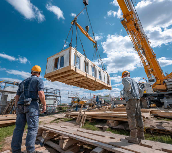 Aufnahme einer Baustelle bei blauem Himmel: Ein großer gelber Kran hebt einen rechteckigen, vorgefertigten Gebäudemodul mit Fenstern an Seilen. Zwei Bauarbeiter mit Schutzhelmen stehen auf Holzbohlen und schauen zu, im Hintergrund sind Gerüste, Maschinen und weitere Baumaterialien zu sehen.