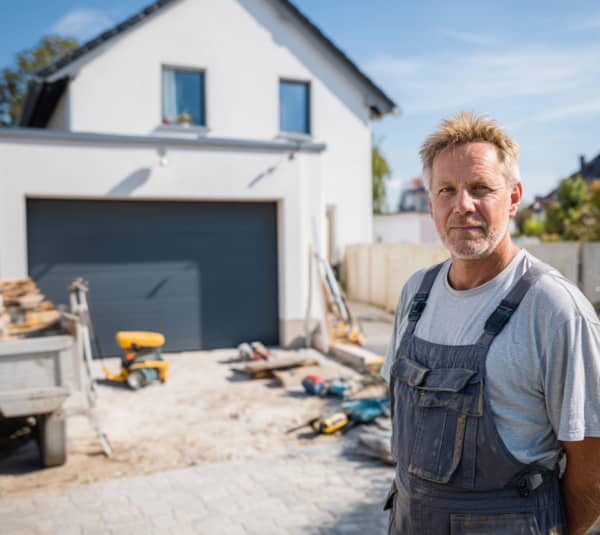 Tageslichtaufnahme eines modernen, hellen Einfamilienhauses mit dunklem Garagentor. Im Vordergrund steht ein Handwerker in grauer Arbeitskleidung; im Hof liegen Werkzeuge und Baumaterial, ein Anhänger und eine gelbe Baumaschine sind sichtbar. Der Bereich vor der Garage ist als Baustelle mit Schotter und Pflastersteinen erkennbar.