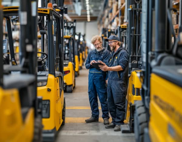 Industriehalle mit vielen gelben Gabelstaplern in zwei Reihen. Zwei Personen in blauen Arbeitsoveralls stehen in der Mitte und schauen auf ein Tablet. Im Hintergrund sind weitere Fahrzeuge und Regale sichtbar; Gesichter sind unkenntlich gemacht.