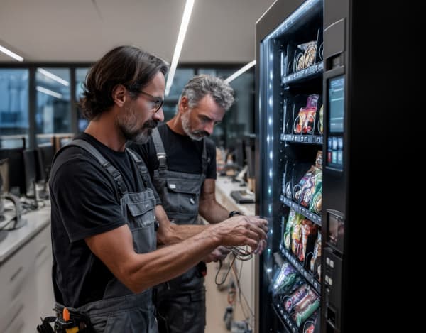 Zwei Techniker in Arbeitskleidung stehen in einem modernen Büro an einem beleuchteten Snackautomaten. Sie öffnen das Gerät und arbeiten mit Werkzeug und Kabeln, während gefüllte Fächer mit Chips und Snacks zu sehen sind. Im Hintergrund befinden sich Schreibtische und Computerarbeitsplätze.