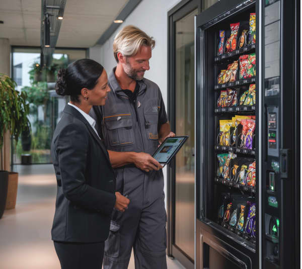 Ein moderner Warenautomat in einem hellen Büroflur, gefüllt mit bunten Snacks. Eine Mitarbeiterin im Business-Outfit und ein Techniker in Arbeitskleidung stehen davor und schauen gemeinsam auf ein Tablet, während sie den Automaten kontrollieren.