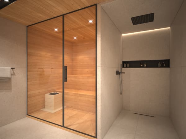 Badezimmer mit Sauna und Dusche.