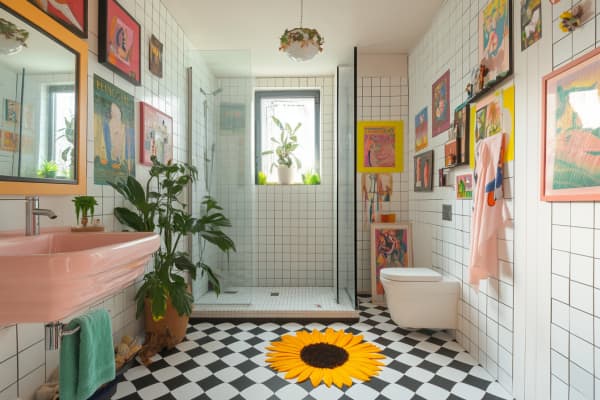 Badezimmer mit bunten Bildern und schwarz-weißen Fliesen.