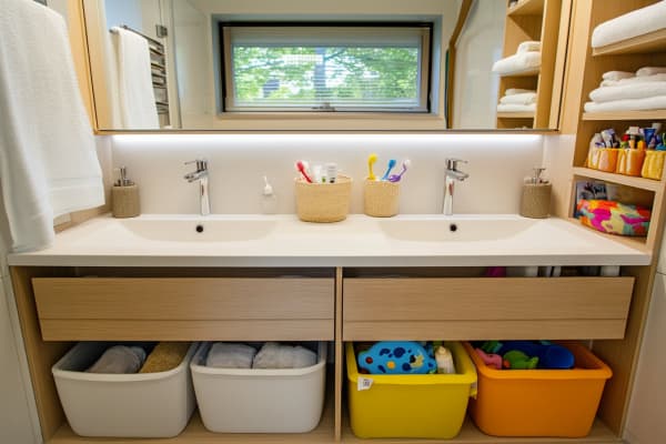 Badezimmer mit vielen Fächern als Stauraum.