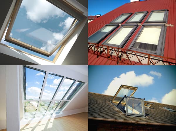 Dachflächenfenster-Varianten: Kipp-Schwingfenster, mehrere Schwingfenster nebeneinander, festverglastes  großes Dachfenster, Dachfensterbalkon