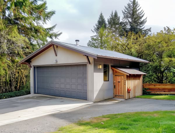 Breite Garage mit Sektionaltor, Spitzdach und Gartenhaus angebaut