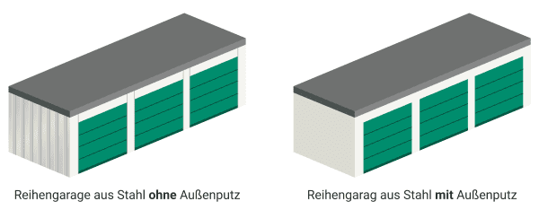 Reihengarage mit drei Einheiten ohne Putz neben Reihengarage mit Putz und Flachdach.