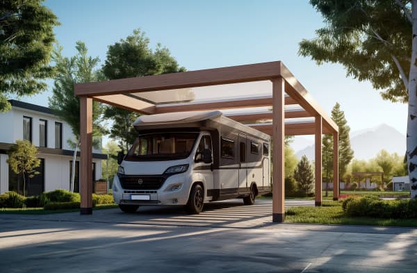 Ein Wohnmobil steht unter einem Carport aus Holz, das eine Acrylglas-Dacheindeckung hat.