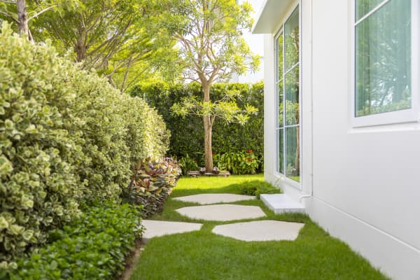 Haus mit Vorgarten und Hecke.