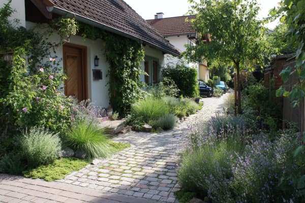 Ein naturnahe gestalteter Vorgarten mit Beeten und Weg aus Steinen.