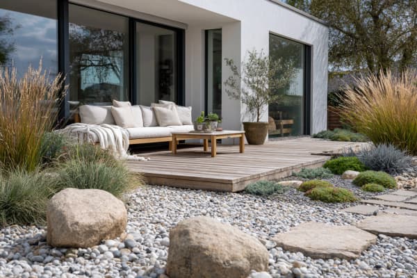 Ein moderner Steingarten eines Hauses mit einer Terrasse aus Holz.