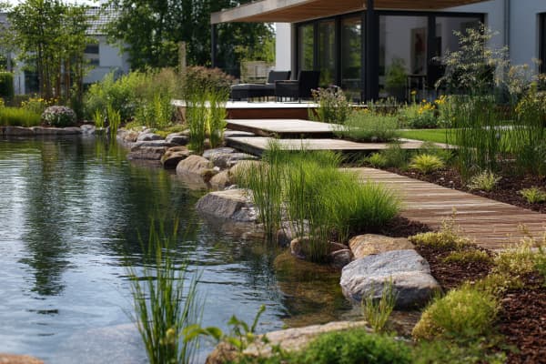 Garten mit großem Schwimmteich.