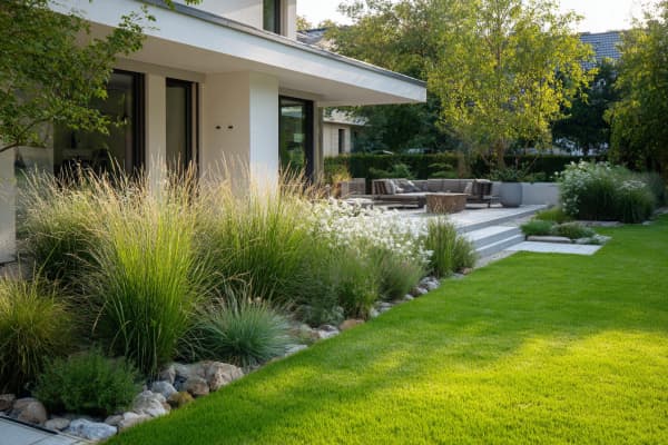 Moderner Garten mit Terrasse an einem Einfamilienhaus.