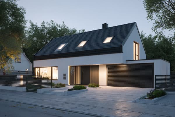 Modernes Haus mit gepflasterter Einfahrt.