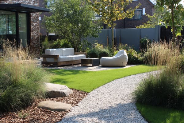 Ein Garten mit Kiesweg, einer Sitzlounge und angelegten Beeten.