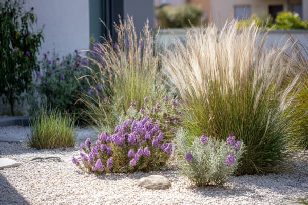 Beet mit violetten Blumen und Ziergräsern.