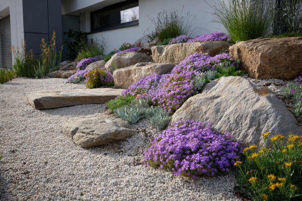 Vorgarten als Steingarten mit verschiedenen Pflanzen