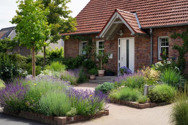 Klinkerhaus mit Vorgarten und Blumenbeeten.