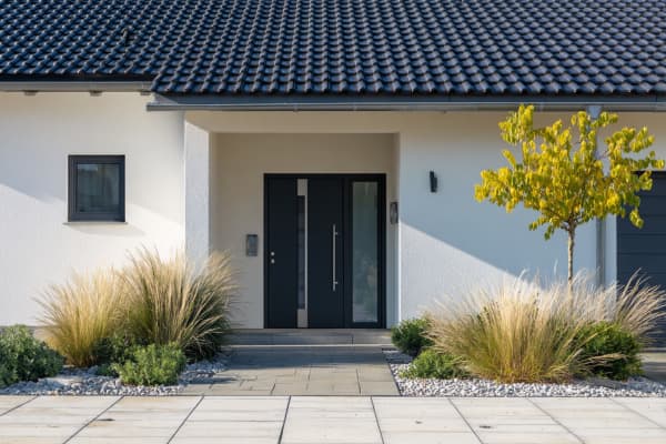 Ein modernes Einfamilienhaus mit einem schlichten Vorgarten.