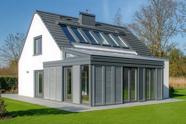 Haus mit einem Wintergarten und Rollladen von außen.