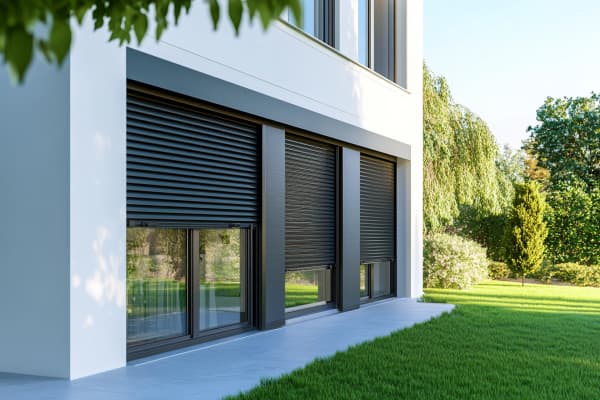 Dunkle Rollläden an einem modernen Wohngebäude