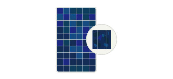Grafische Darstellung eines blauen polykristallinen Solarmoduls mit Nahaufnahme der kristallinen Zellstruktur.