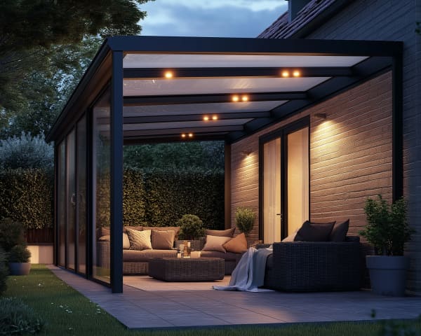 Terrassenüberdachung gestalten mit LED-Beleuchtung und gemütlichen Lounge-Möbeln