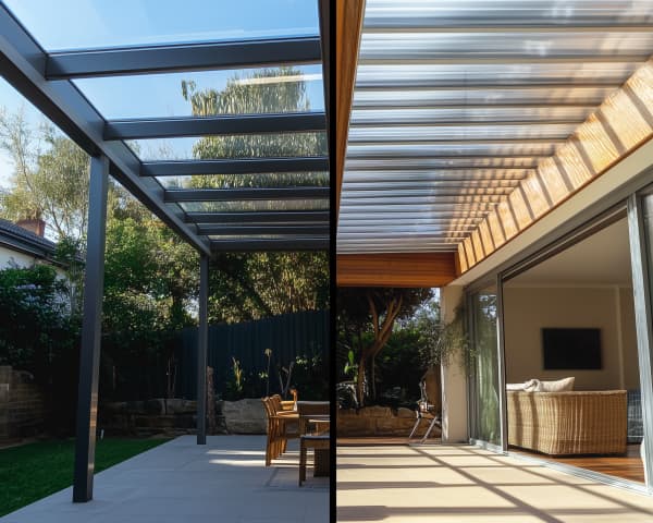 Zwei Bilder nebeneinander von einer Terrassenüberdachung aus Acrylglas und einer mit Doppelstegkammern