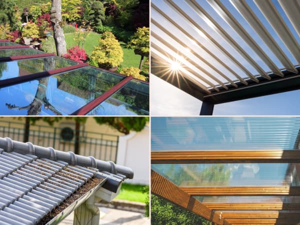 Vergleich des Materials einer Terrassenüberdachung: Glas, Aluminium-Lamellen, Ziegel und Doppelstegplatten aus Polycarbonat.