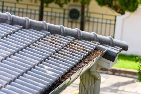 Terrassenüberdachung mit Ziegeln und Regenrinne mit Laub gefüllt.