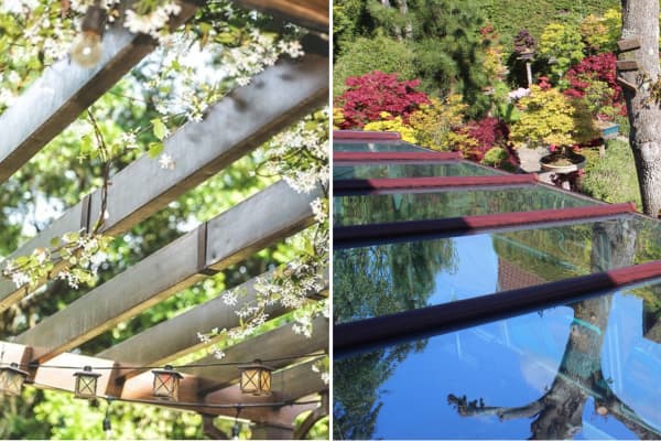 Vergleich einer offenen Pergola aus Holz mit einer Terrassenüberdachung aus Glas.