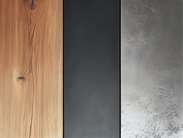 Nahaufnahme von Holz, Aluminium und Stahl als Materialvergleich.