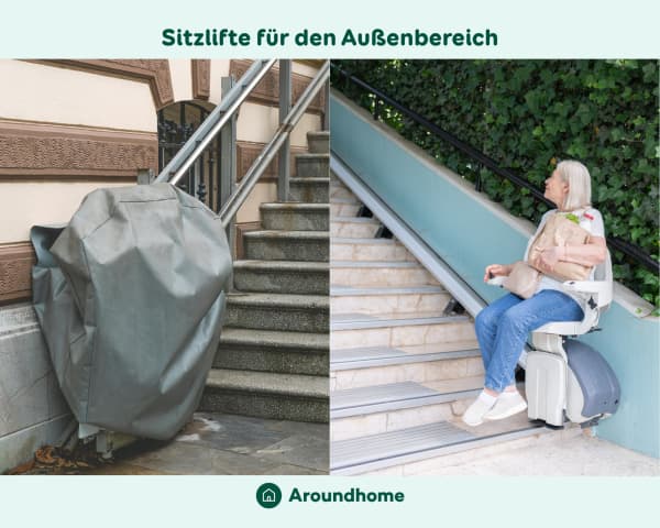Zwei Außenlifte, ein Treppenlift mit Abdeckhaupe und ein Sitzlift mit einer Nutzerin